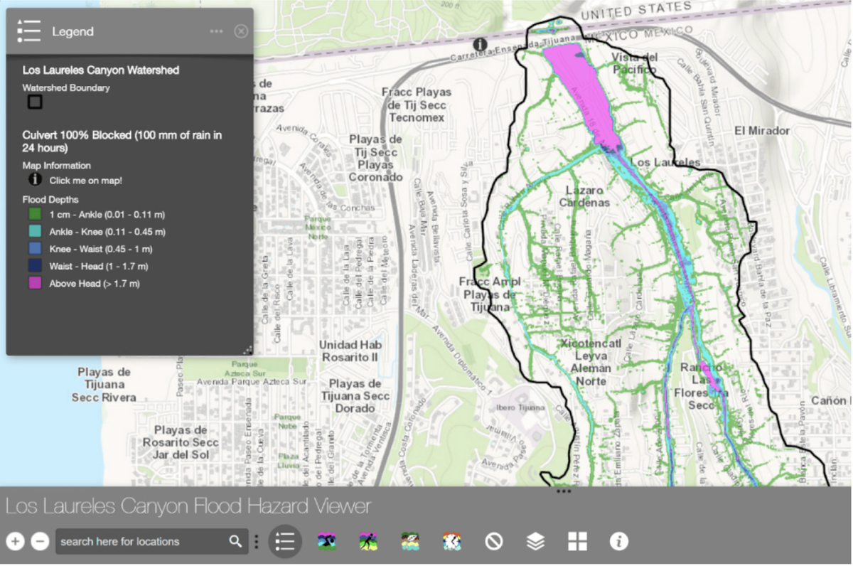 Map of maximum flood depth from a 100 mm rainfall scenario under a complete culvert blockage scenario, resulting in extensive ponding (above head, >1.7 m) near the outlet (northern boundary) of the catchment. Resident interviews generated a report that a mattress previously clogged the main culvert, leading to deep flooding