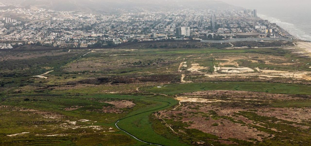 Aerial view of Tijuana Estuary and surrounding coastal marshes.