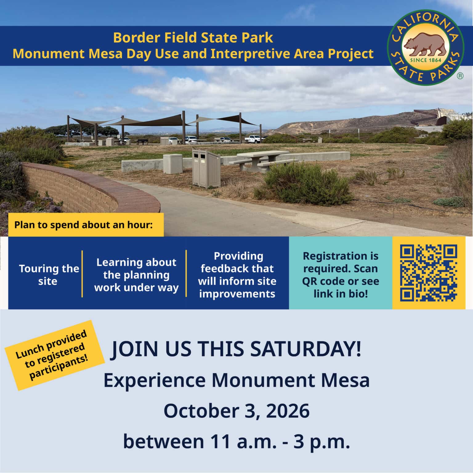 Event poster for Monument Mesa Day at Border Field State Park on October 3, 2026.