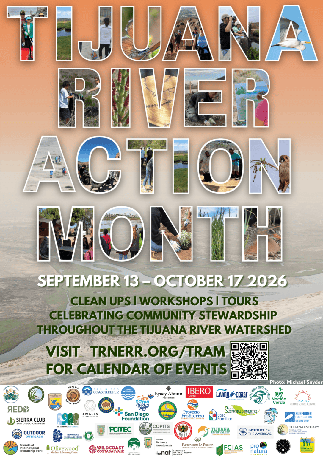Colorful poster promoting Tijuana River Action Month with images of nature and community activities.
