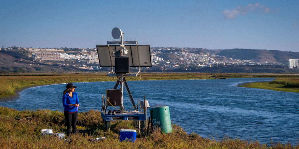 USD student Nancy Torres conducts her research in the Imperial Beach/Tijuana Estuary, with Tijuana in the background.
